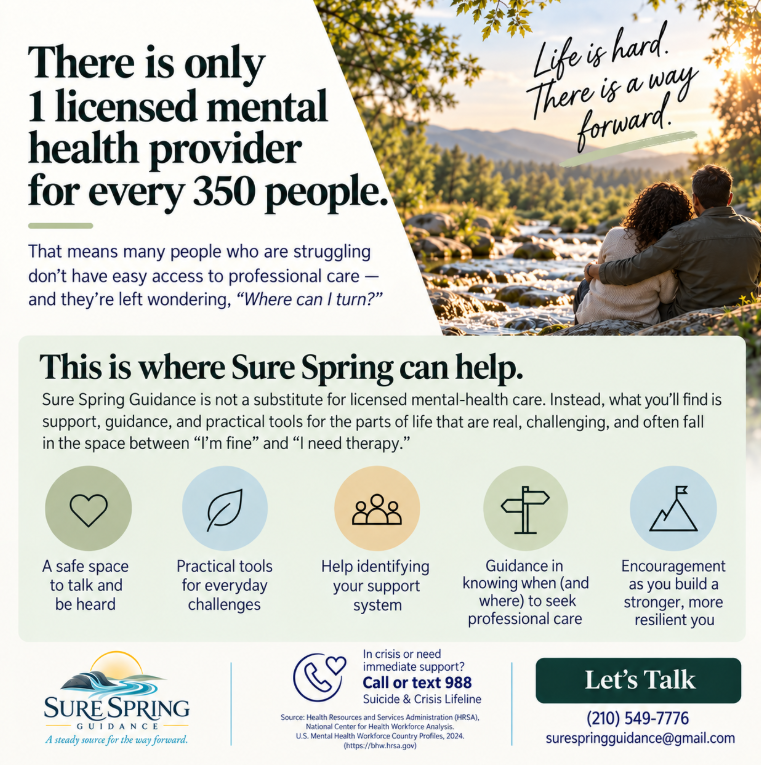 Sure Spring Guidance — support, guidance, and practical tools for everyday challenges. Call (210) 549-7776 or email surespringguidance@gmail.com.