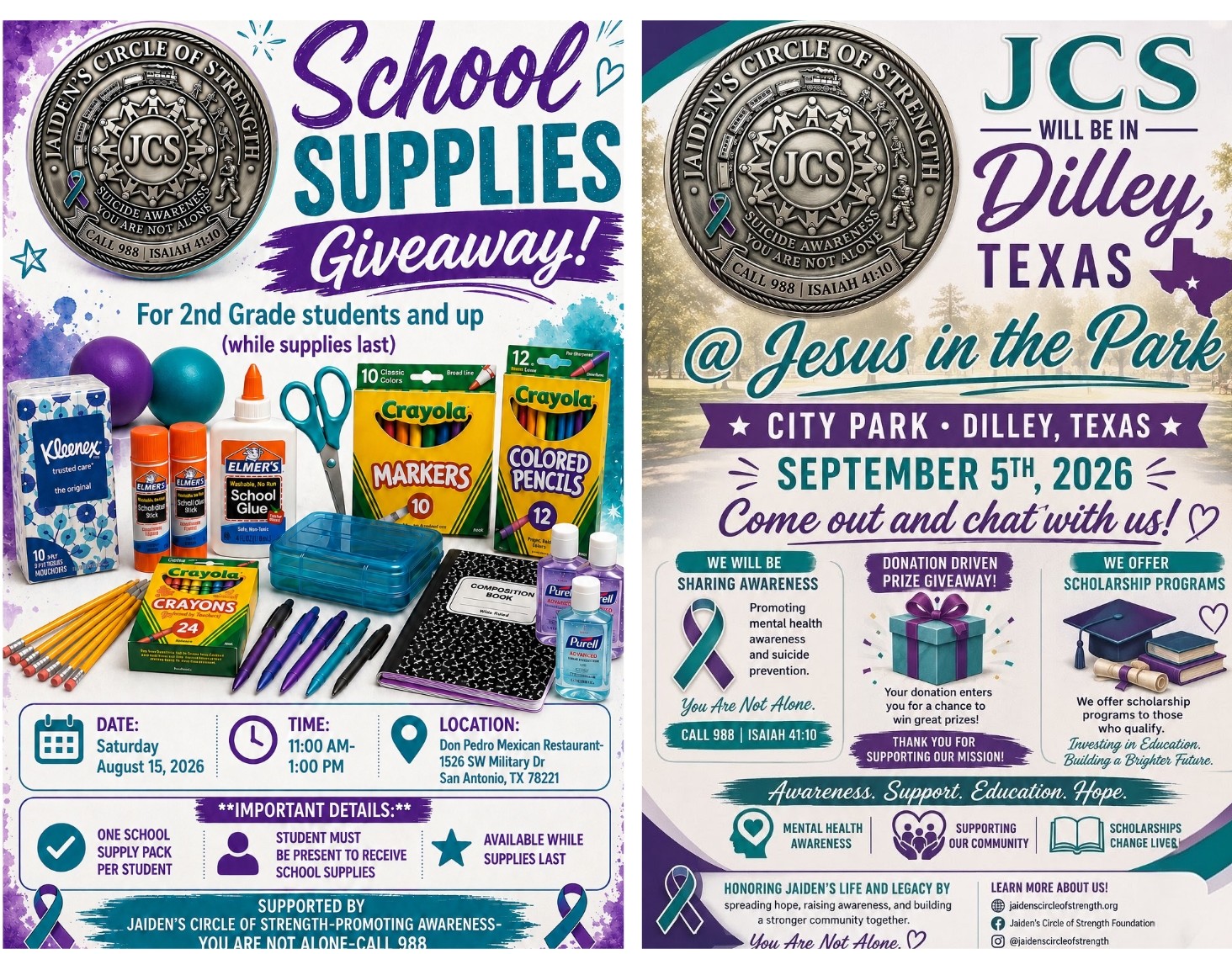 Upcoming Jaiden's Circle of Strength events: School Supplies Giveaway on August 15, 2026 and Jesus in the Park in Dilley, Texas on September 5, 2026